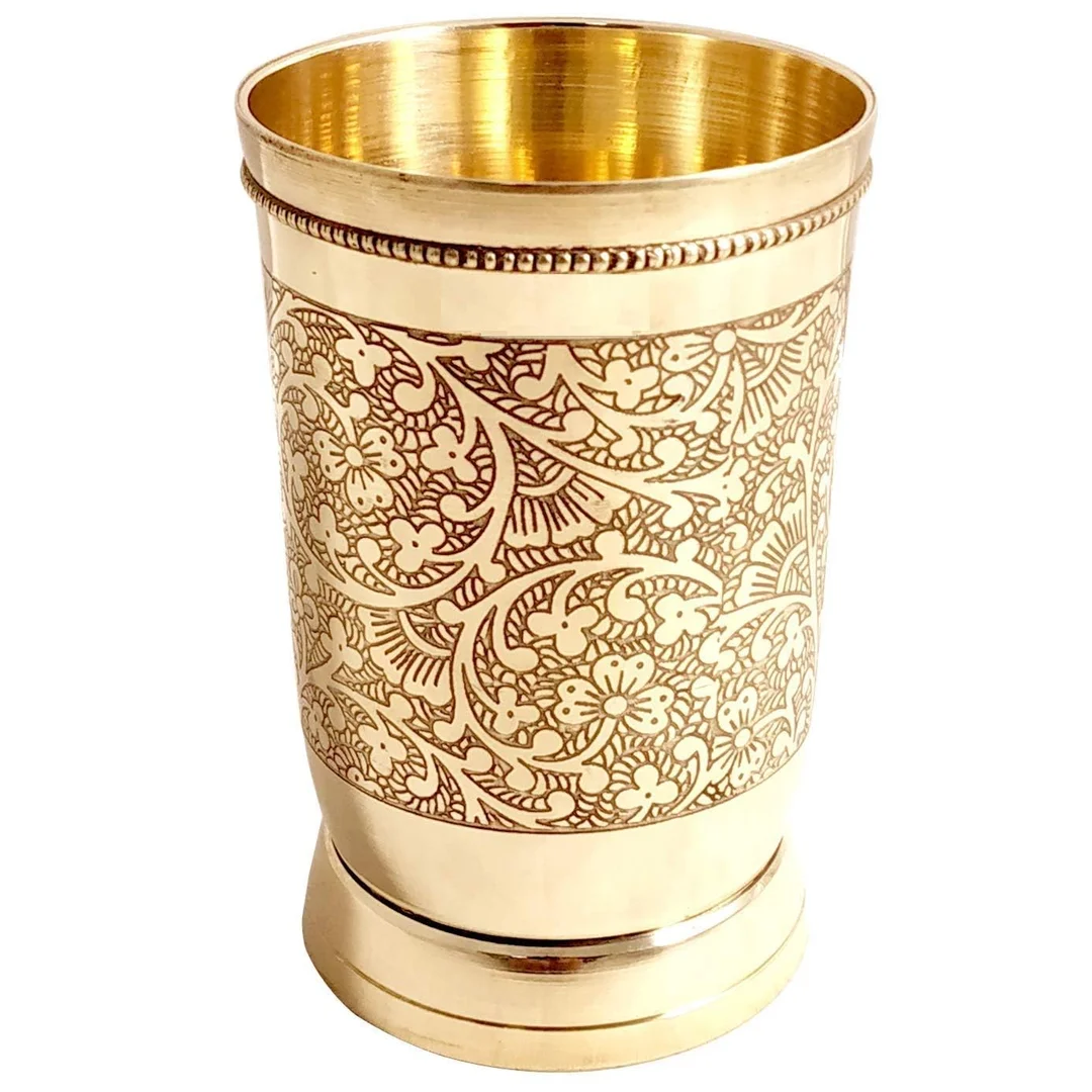 Glass Tumbler Premium Antique Engraving| Durable 250ml Drinkware for Water| Milk, Juice, Home & Office | Stylish Brass Glass|Dishwasher Safe image 1