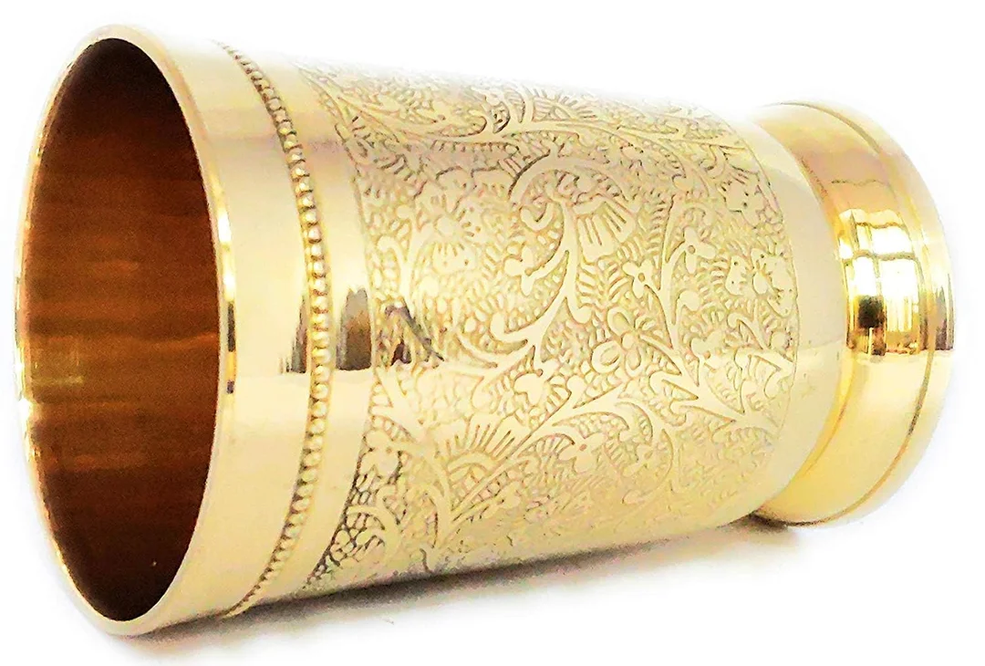 Glass Tumbler Premium Antique Engraving| Durable 250ml Drinkware for Water| Milk, Juice, Home & Office | Stylish Brass Glass|Dishwasher Safe image 2