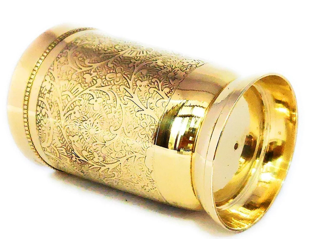 Glass Tumbler Premium Antique Engraving| Durable 250ml Drinkware for Water| Milk, Juice, Home & Office | Stylish Brass Glass|Dishwasher Safe image 3