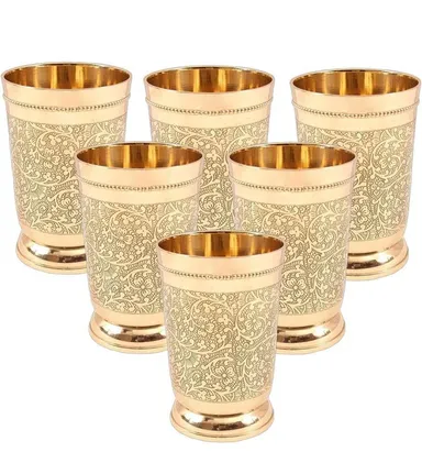 Glass Tumbler  Premium Antique Engraving| Durable 250ml Drinkware for Water| Milk, Juice, Home & Office | Stylish Brass Glass|Dishwasher Safe thumbnail 3