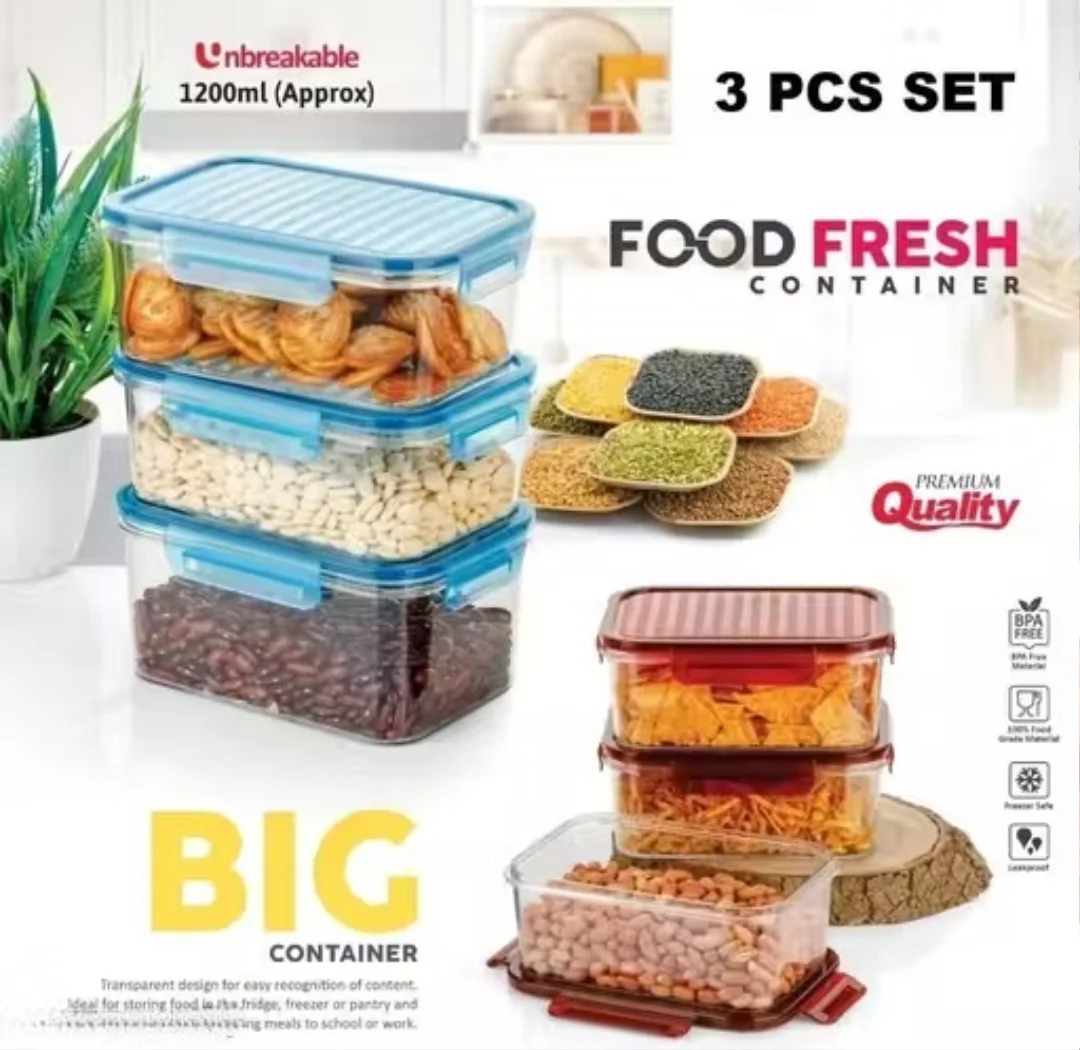 Food Fresh Container 3 Pcs Set Blue | Leakproof BPA-Free Fridge Storage Boxes | Kitchen & Refrigerator Storage image 2