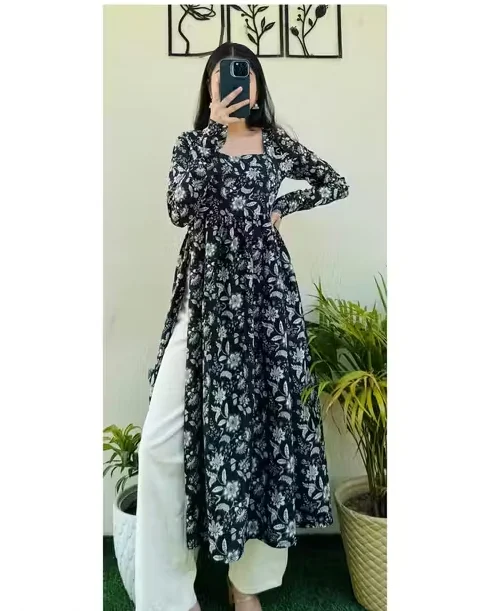 Black Nayra Cut Long Kurti | Elegant Full Sleeve Ethnic Wear for Women | Designer Festive Kurti for Ladies image 1