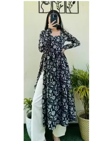 Black Nayra Cut Long Kurti | Elegant Full Sleeve Ethnic Wear for Women | Designer Festive Kurti for Ladies thumbnail 0
