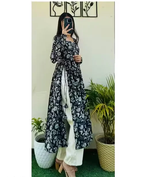 Black Nayra Cut Long Kurti | Elegant Full Sleeve Ethnic Wear for Women | Designer Festive Kurti for Ladies image 3