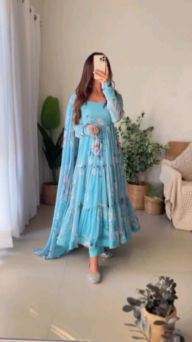 Aqua Blue Color Printed Anarkali Kurta Set | Stylish Cotton Suit for Women | Festive and Daily Wear thumbnail 0