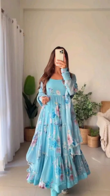 Aqua Blue Color Printed Anarkali Kurta Set | Stylish Cotton Suit for Women | Festive and Daily Wear thumbnail 1