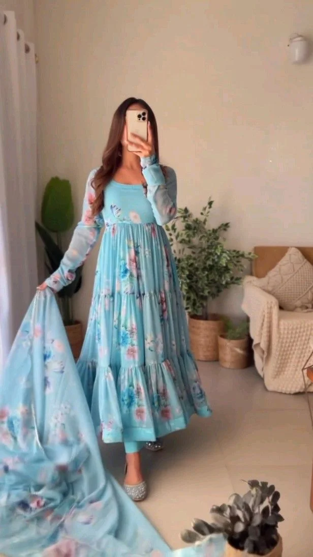 Aqua Blue Color Printed Anarkali Kurta Set | Stylish Cotton Suit for Women | Festive and Daily Wear image 3