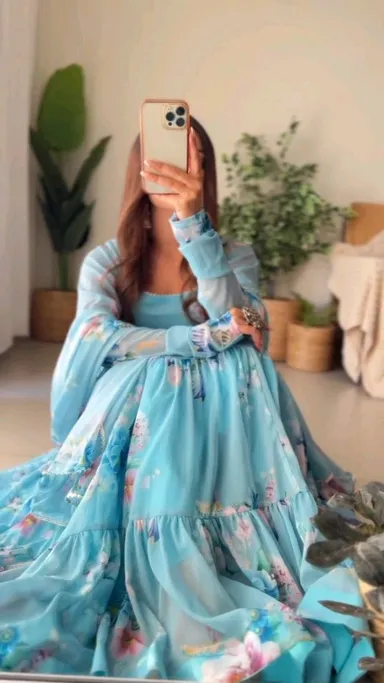 Aqua Blue Color Printed Anarkali Kurta Set | Stylish Cotton Suit for Women | Festive and Daily Wear thumbnail 3