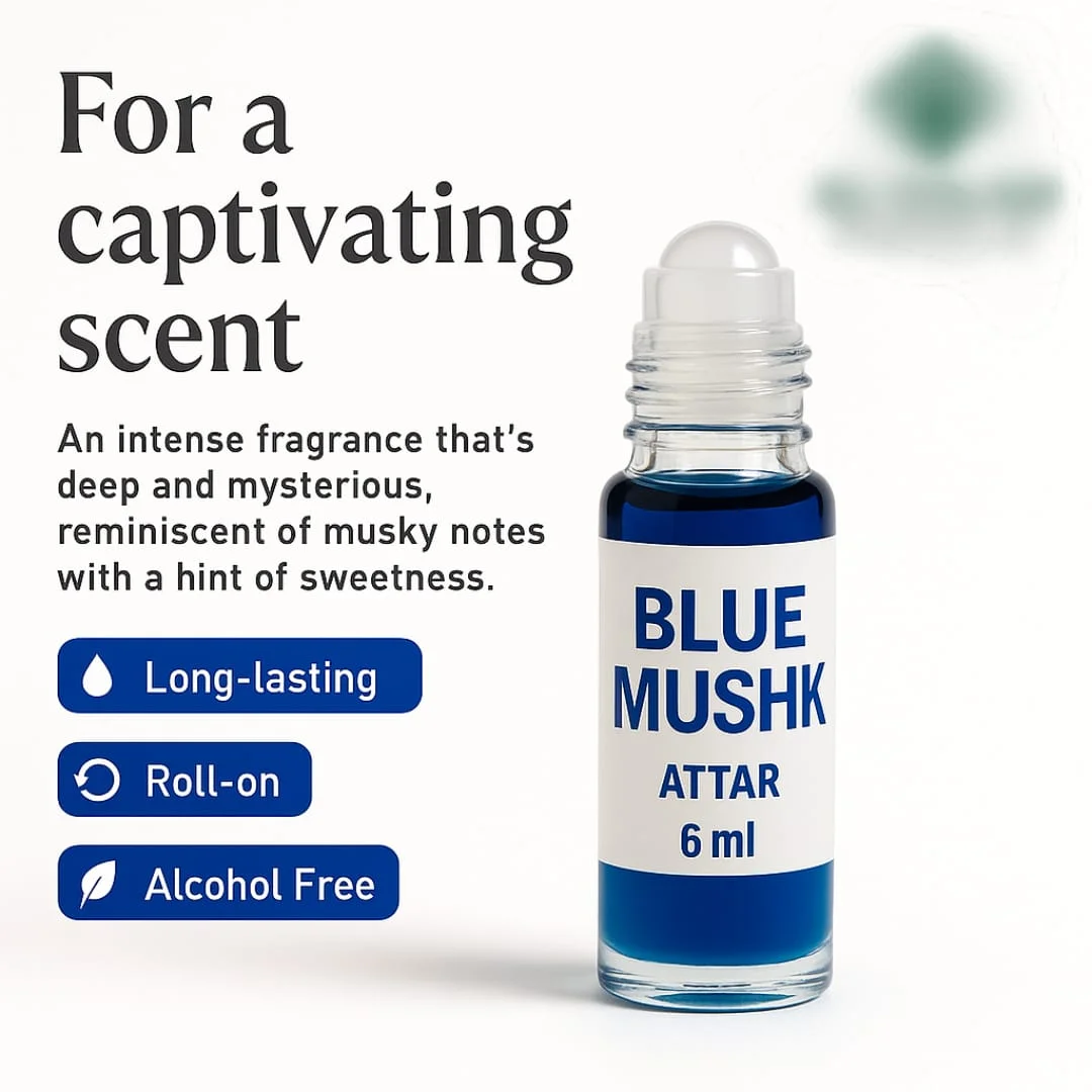 Blue Mushk Fragrance Oil | 6ml Roll On Attar | Long Lasting Perfume Oil for Men & Women | Non Alcoholic Pocket Perfume Bottle image 2