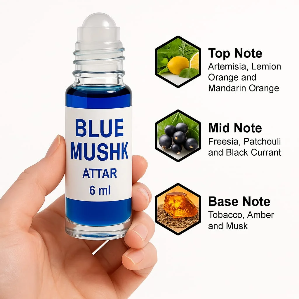 Blue Mushk Fragrance Oil | 6ml Roll On Attar | Long Lasting Perfume Oil for Men & Women | Non Alcoholic Pocket Perfume Bottle image 3