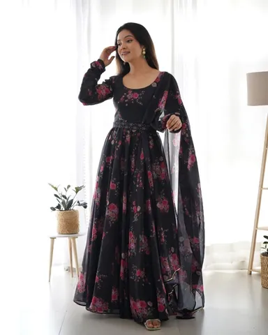 Black Printed Anarkali Kurta Set | Cotton Party Wear Ethnic Dress for Women | Wedding and Festive Wear Outfit thumbnail 1