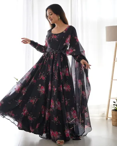 Black Color Printed Anarkali Kurta Set, Cotton, Womens L Size, Designer Party Wear and Festive Dress thumbnail 2