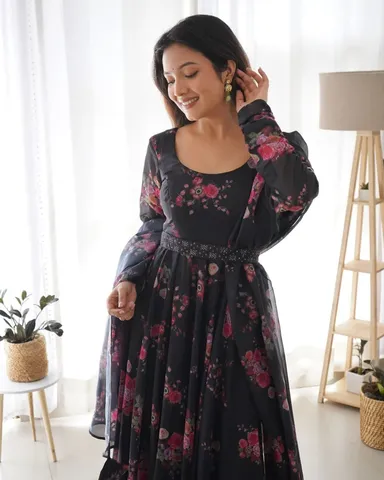 Black Color Printed Anarkali Kurta Set XL Size, Cotton, Designer, Womens Party Wear, Festive Dress thumbnail 3