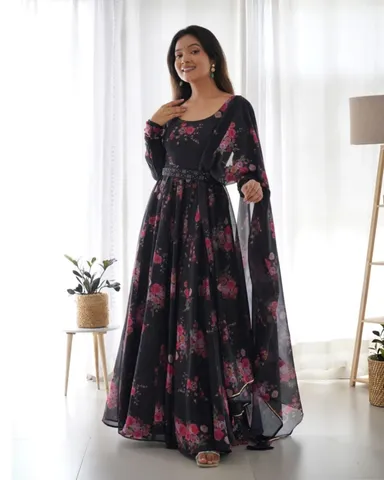Black Printed Anarkali Kurta Set XXL, Cotton, Designer, Plus Size Women Festive Wear thumbnail 0