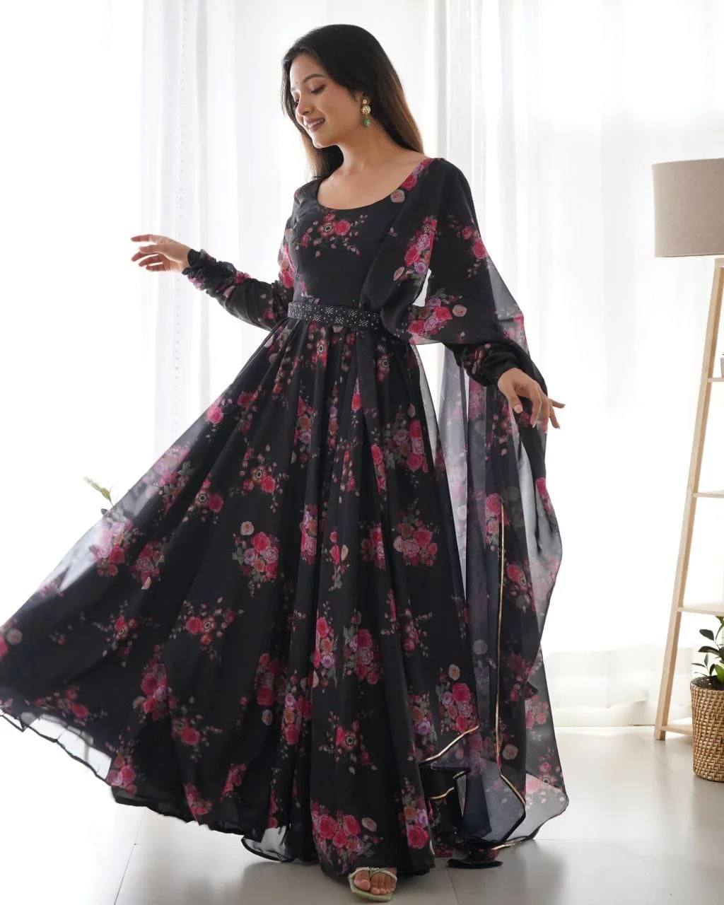 Black Printed Anarkali Kurta Set XXL, Cotton, Designer, Plus Size Women Festive Wear image 3