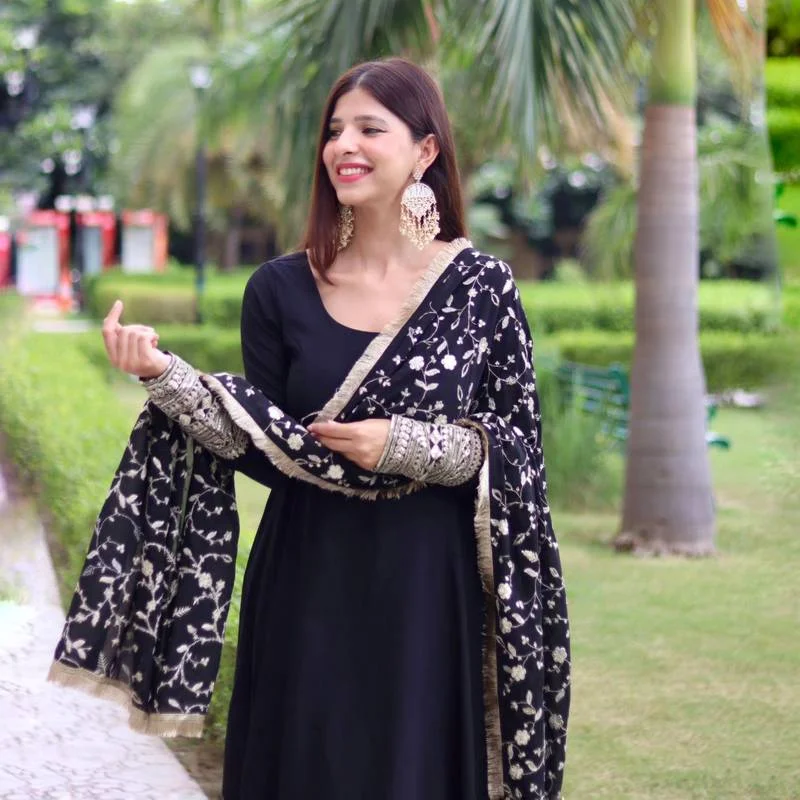 Black Anarkali Kurta Set S Size | Sequence Embroidery, Party Wear Suit with Dupatta for Women image 2
