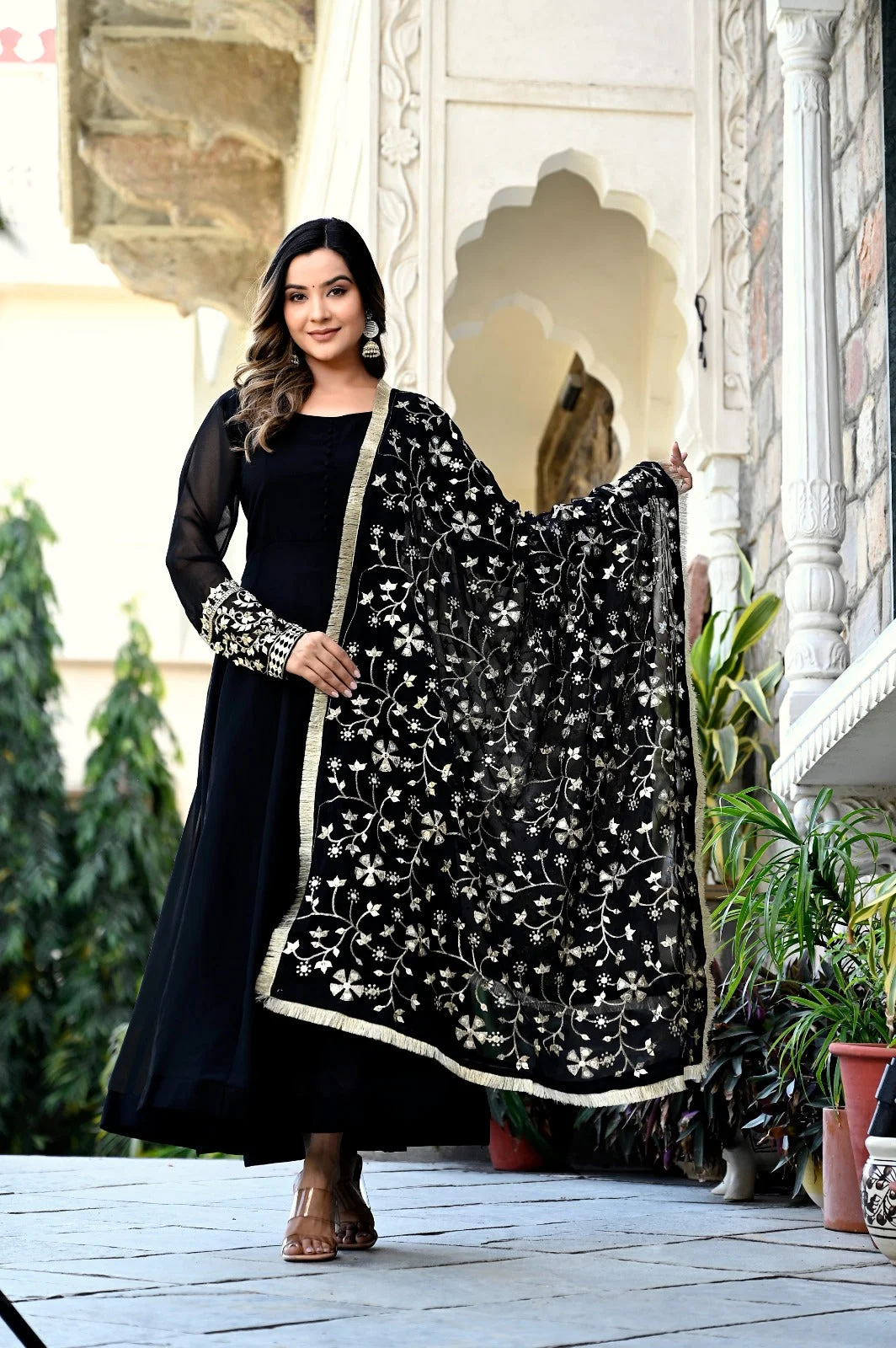 Black Anarkali Kurta Set | Sequence Embroidery, Party Wear Suit for Women L Size with Dupatta image 2