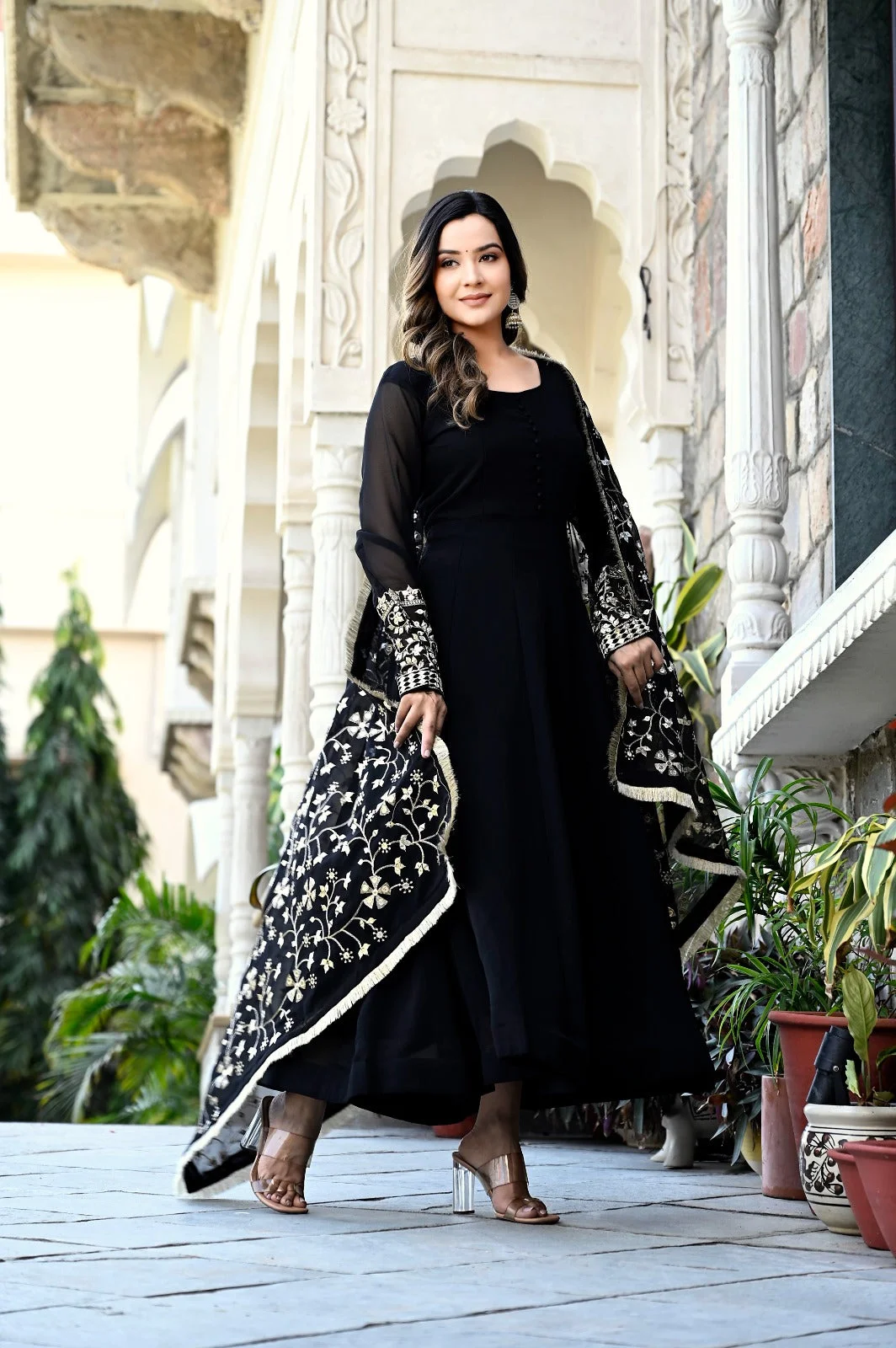 Black Anarkali Kurta Set | Sequence Embroidery, Party Wear Suit for Women L Size with Dupatta image 3