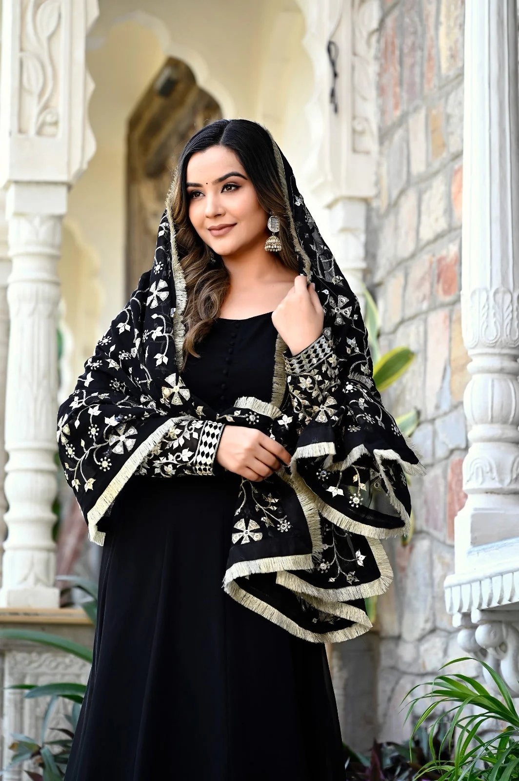 Black Anarkali Kurta Set | Sequence Embroidery, Party Wear Suit for Women L Size with Dupatta image 4