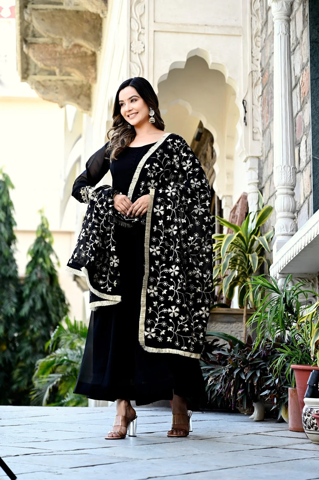 Black Anarkali Kurta Set XXL Size | Sequence Embroidery, Plus Size Party Wear Suit for Women with Dupatta image 1