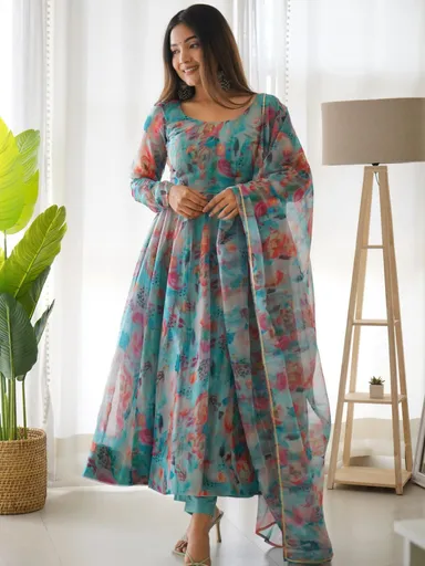 Blue Printed Anarkali Kurta Set | Cotton Party Wear Suit for Women  thumbnail 0