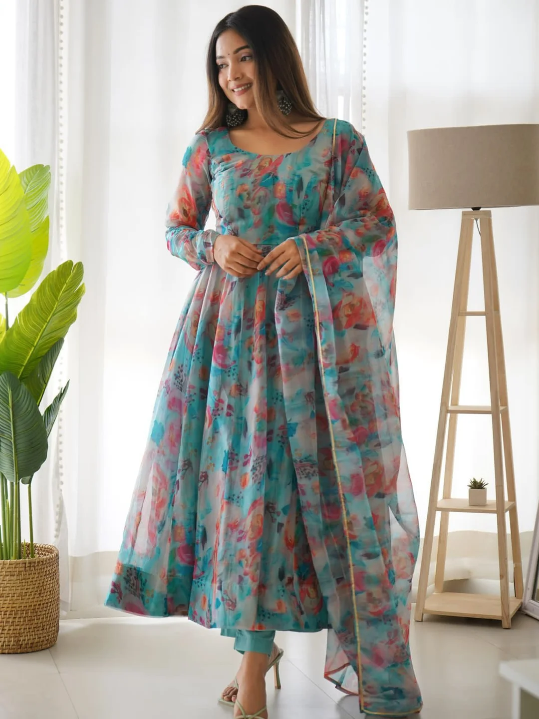 Blue Printed Anarkali Kurta Set, Women L Size, Designer Party Wear, Cotton Ethnic Dress image 1