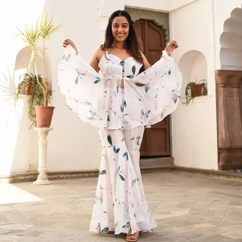Fancy Printed Georgette Sharara Set | Elegant Ethnic Wear XXL | Comfortable Fit Lightweight Stylish | Traditional Print image 4