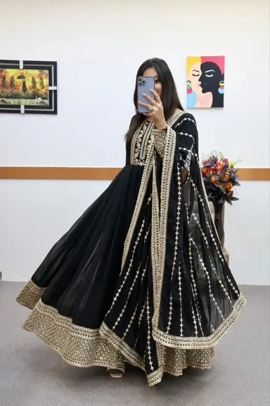 Fancy Sequence Coding Embroidery Work | Anarkali Kurta Set with Dupatta  XXL thumbnail 1