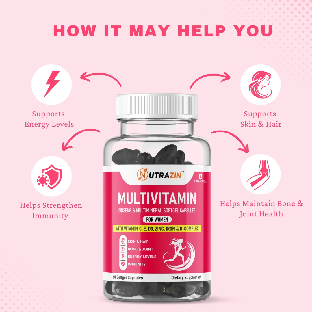 Nutrazin Women’s Multivitamin Softgels | Ginseng Vitamin C, E, D3, Zinc, Iron & B-Complex | 60 Capsules Daily Wellness Boost image 2