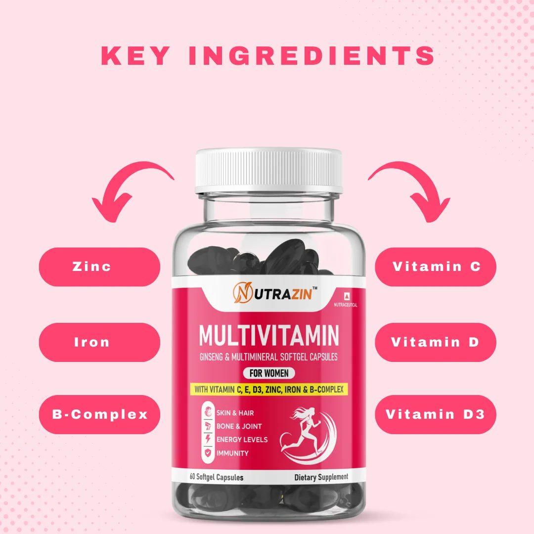 Nutrazin Women’s Multivitamin Softgels | Ginseng Vitamin C, E, D3, Zinc, Iron & B-Complex | 60 Capsules Daily Wellness Boost image 3