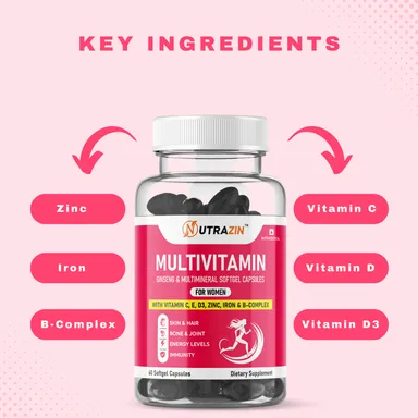 Nutrazin Women’s Multivitamin Softgels | Ginseng Vitamin C, E, D3, Zinc, Iron & B-Complex | 60 Capsules Daily Wellness Boost thumbnail 2