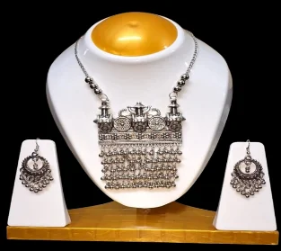 Dhirish International oxidised plated mirror necklace set | handcrafted silver‑tone tribal elegance image 1