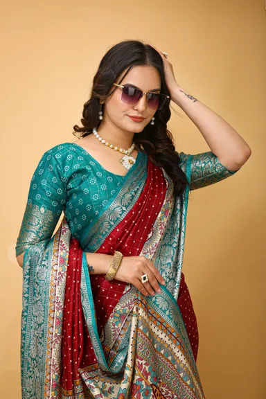 Maroon Rama Kanjivaram Art Silk Saree with Matching Blouse Piece for Women – Festival & Wedding Wear thumbnail 3