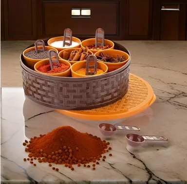 Masala BoxPlastic Rounds 7 Sections Multipurpose Masala Rangoli Dabba Box Set, Spice Box Set - Brown thumbnail 1
