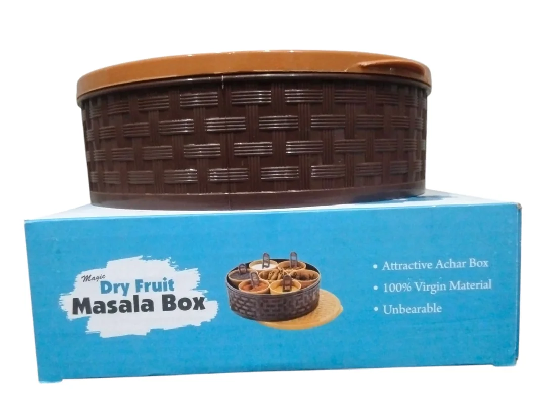 Masala BoxPlastic Rounds 7 Sections Multipurpose Masala Rangoli Dabba Box Set, Spice Box Set - Brown image 3