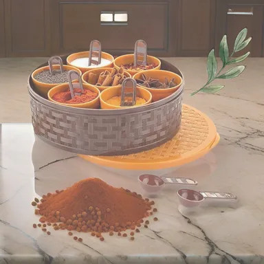7-Cup Plastic Round Masala Box with 6 Spoons | Spice Organizer | Kitchen Storage Solution  thumbnail 1