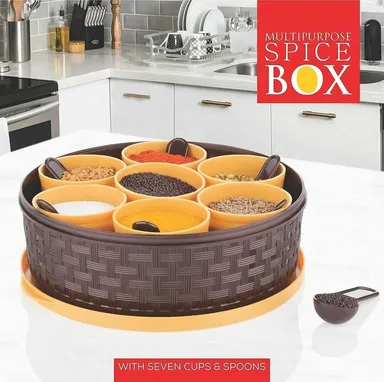 Round Masala Box with 7 Cups and 6 Spoons | Multi-Compartment Plastic Airtight Spice Organizer thumbnail 0