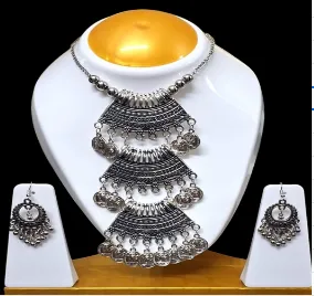  Oxidised Plated Mirror Work Necklace Set Antique Finish Ethnic Jewellery for Women Wedding Festive Wear Designer Traditional Party Necklace and Earrings Set thumbnail 0