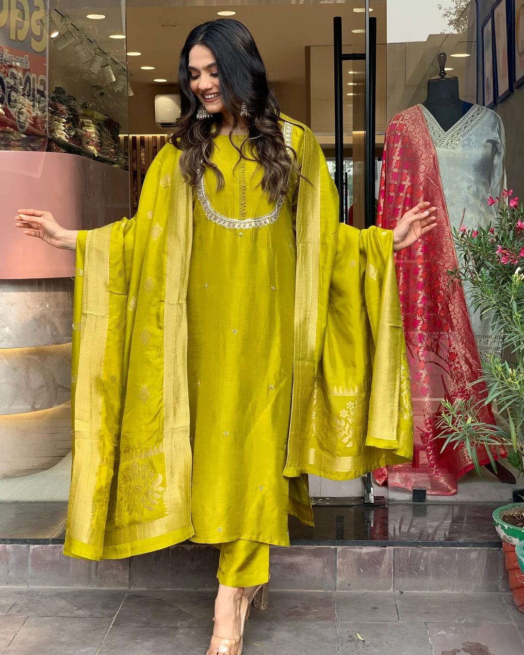 Olive Green Silk Straight Kurti Set with Mirror & Zari Dupatta | Elegant Partywear Ethnic Women Set image 3