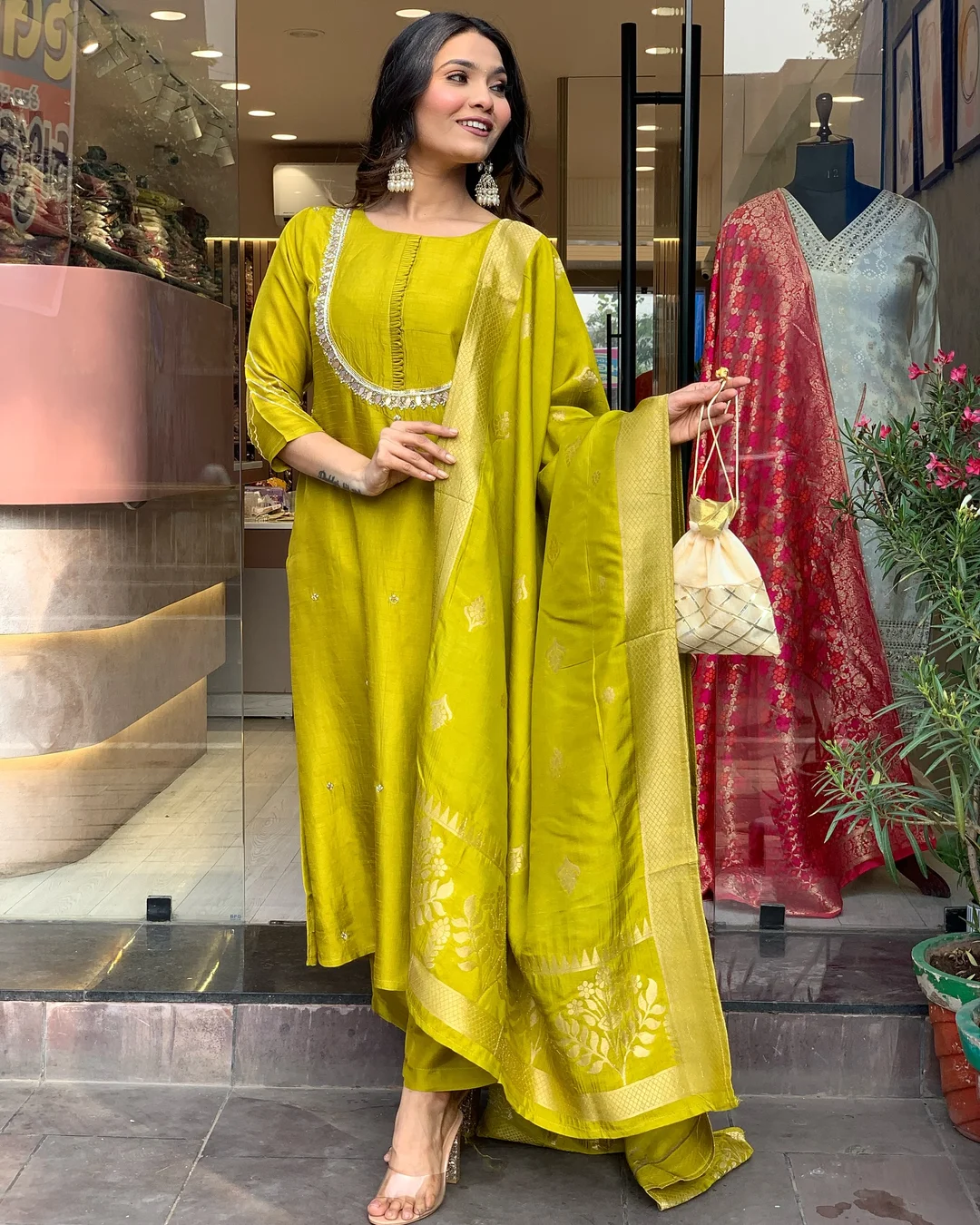 Olive Green Silk Straight Kurti Set with Mirror & Zari Dupatta | Elegant Partywear Ethnic Women Set image 2