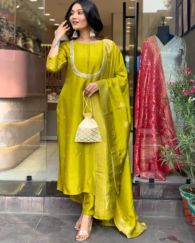 Olive Green Silk Straight Kurti Set with Mirror & Zari Dupatta | Elegant Partywear Ethnic Women Set thumbnail 0