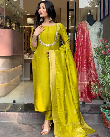 Olive Green Silk Straight Kurti Set with Mirror & Zari Dupatta | Elegant Partywear Ethnic Women Set thumbnail 3