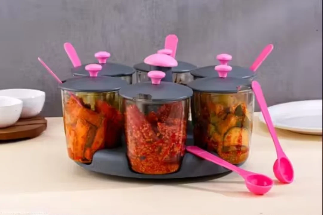 360° Revolving Pickle Jar Set 6 Pcs | Dining Table Achar Stand | Multipurpose Pickle Container with Rotating Stand image 1