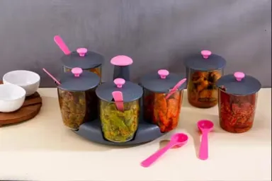 360° Revolving Pickle Jar Set 6 Pcs | Dining Table Achar Stand | Multipurpose Pickle Container with Rotating Stand thumbnail 1