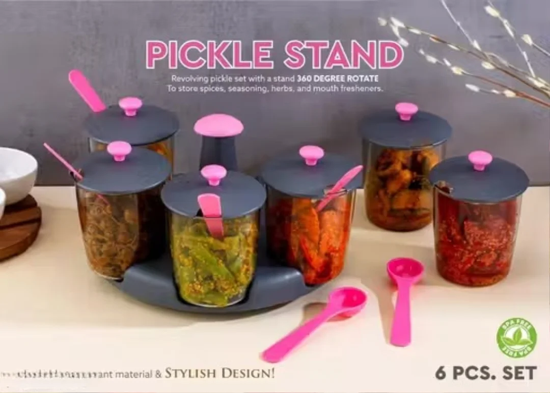 360° Revolving Pickle Jar Set 6 Pcs | Dining Table Achar Stand | Multipurpose Pickle Container with Rotating Stand image 4