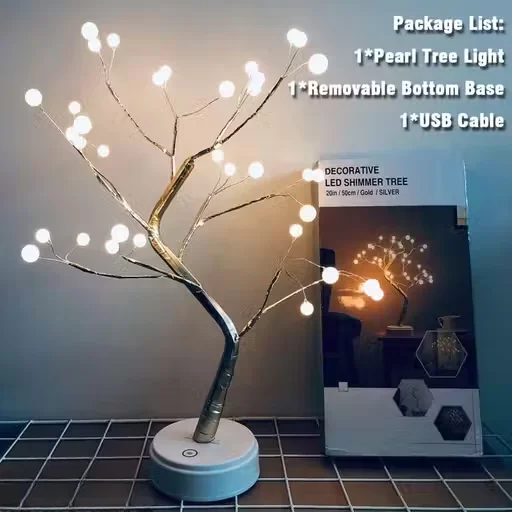 LED Desk Tree Lamp | Pearl LED Lights, Touch Switch, Battery & USB Powered | Desk Table Decor for Home, Bedroom, Wedding Party image 2
