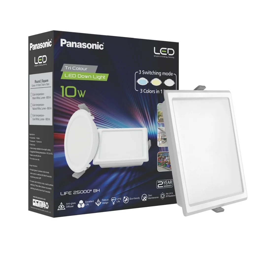 Panasonic 10W LED Downlight | Tri-Colour Adjustable Square Surface Light | Energy Efficient Ceiling Light for Home | Cool| Warm & Natural White image 1