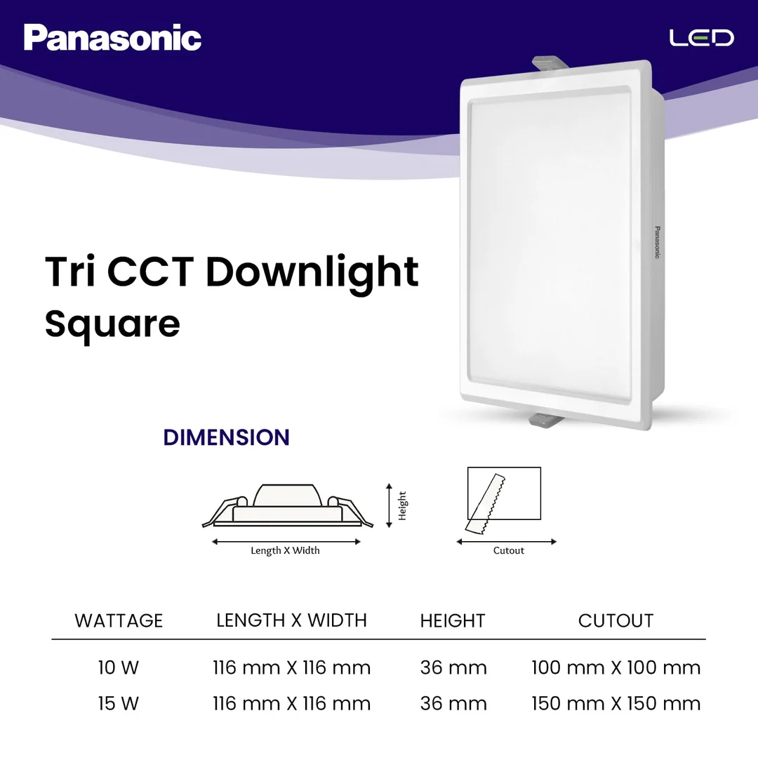 Panasonic 10W LED Downlight | Tri-Colour Adjustable Square Surface Light | Energy Efficient Ceiling Light for Home | Cool| Warm & Natural White image 2