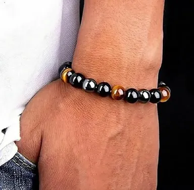 Bracelet  Natural Tiger Eye | Hematite & Black Obsidian Healing Gemstone Beads | Unisex Crystal Bracelet for Luck | Energy & Prosperity thumbnail 1