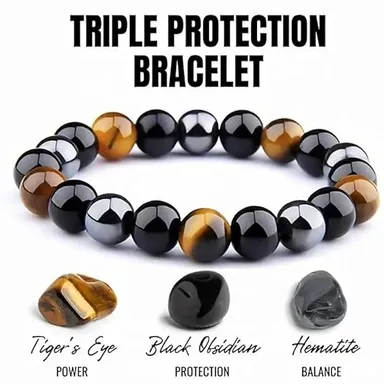 Bracelet  Natural Tiger Eye | Hematite & Black Obsidian Healing Gemstone Beads | Unisex Crystal Bracelet for Luck | Energy & Prosperity thumbnail 2